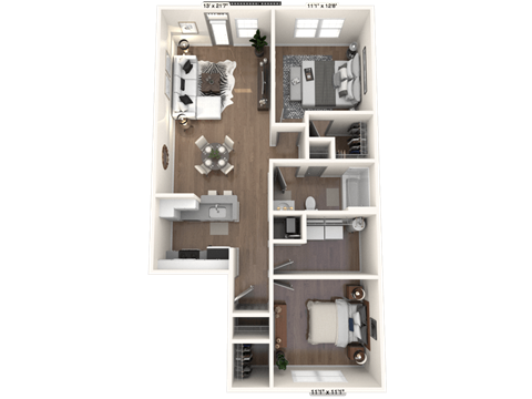 Floor plan for 2 beds, 1 bath, 974 sqft